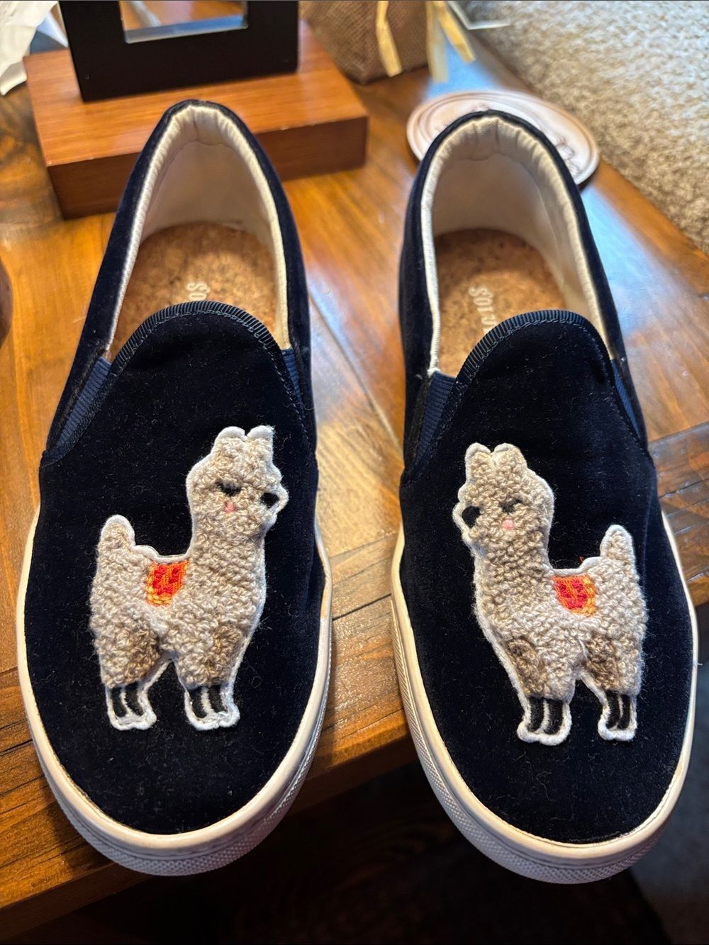 Soludos Navy Velvet Slip-On Sneakers with Llama Patch